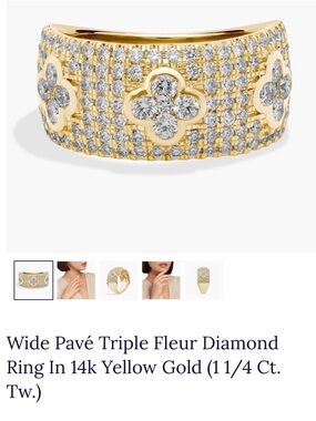 14k Yellow Gold Wide Pavé Triple Fleur Diamond Ring - Gold